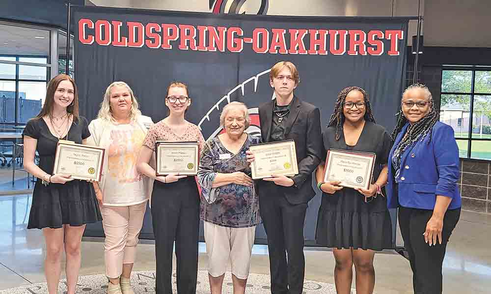 Shepherd High School scholarship winners are (from left) board members Yvonne Cones, Walterine Carr, winners Tangela Yates, Hunter Goodman, Daci Theissen and board member Christie Andrews. Courtesy photo