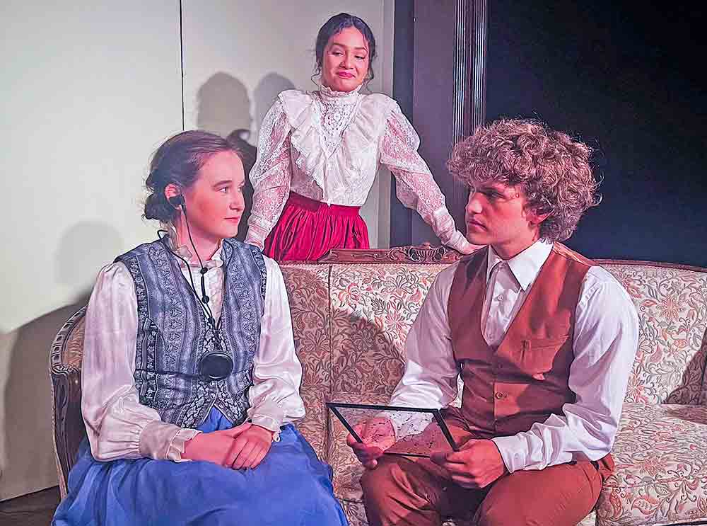 Adrianna Stark, Scott Eddins and Jessica Gutierrez rehearse a scene from “Silent Sky,” directed by Meg Standley. PHOTO COURTESY OF EMPORIUM STAGE