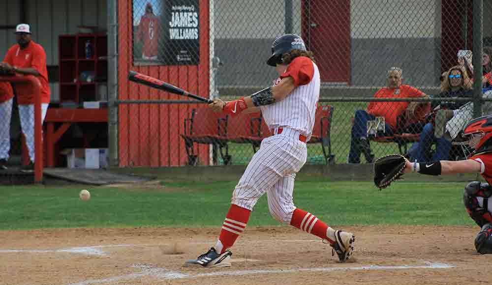 Centerville’s Landon Teeters pops an infield grounder off the batter’s box. Photo by Tony Farkas