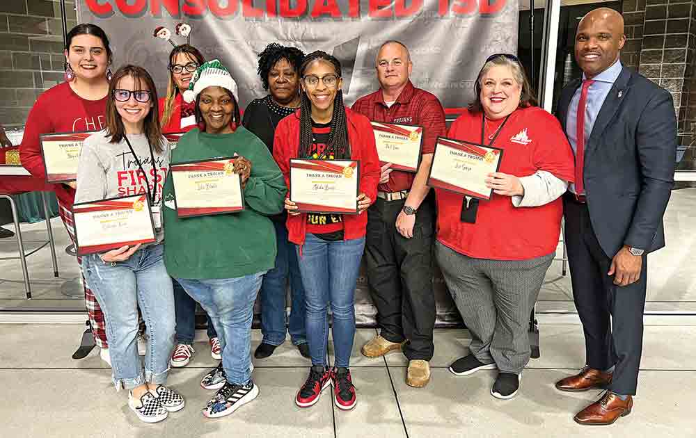 At the December School Board Meeting, recipients of the Thank a Trojan Program received special recognition for their positive impact on COCISD. Public Relations Coordinator Savanah Steffey started the Thank a Trojan program in 2023 to help share words of encouragement and appreciation for the faculty and staff members. The faculty and staff members that were recognized at the December board meeting were Nick Tenney, Raquel Taylor, Bobbie Turner, Celean Terry, Lulu Blanks, Lori Garza, Mikala Burns, Paul Farr, Coleigh Koon and Aimie Patrick. Photos courtesy of Savanah Steffey