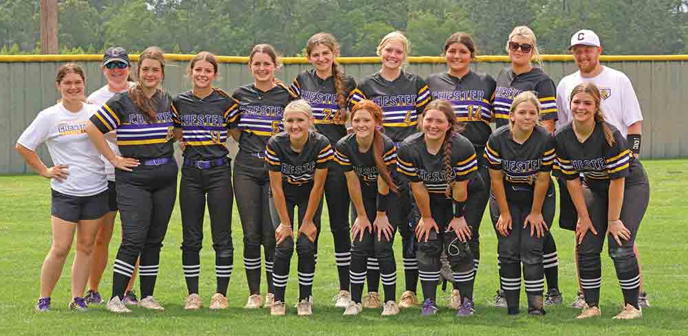 Chester Lady Jackets are Bi-District Champs after defeating Spurger 15-4.Back Row L-R: Coach Susan Muncrief, Coach Crystal Muncrief, Madi Ogden, Kinsley Barnes, Lauren Citrano, Koree Hilliard, Lily Read, Lily Payne, Ty Cochran, Coach Tonnies. Bottom Row L-R: Hailey Purvis, Sydney Brock, Emma Byrd, Holly Moore and Allie Ogden.  BECKI BYRD | TCB