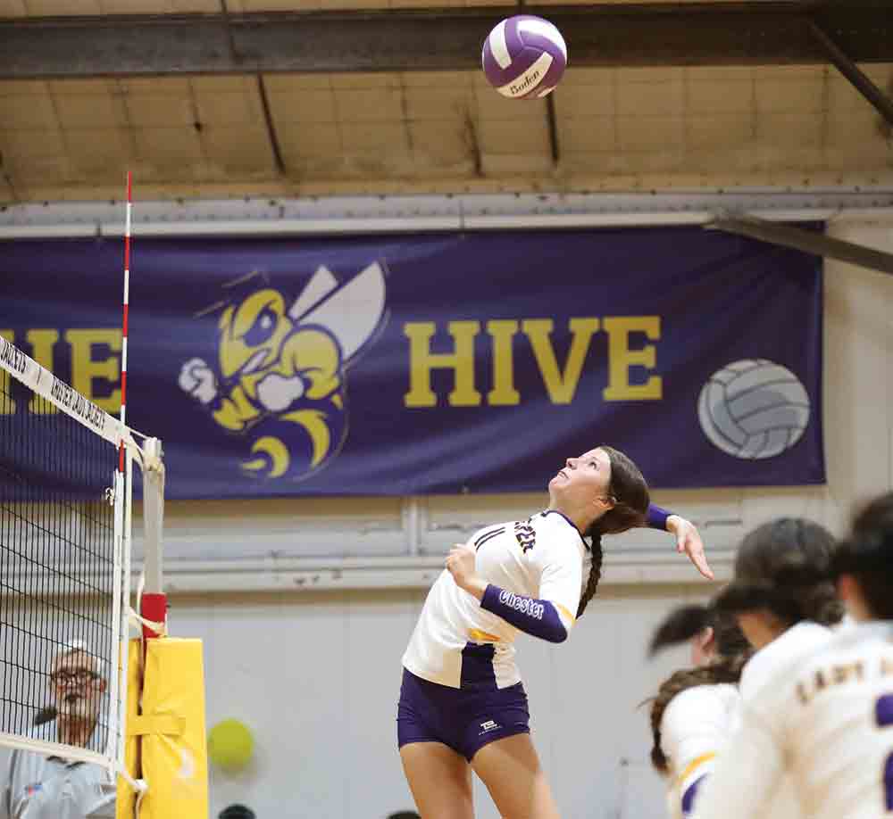 Kinsley Barnes, Senior Lady Jacket, gets in a kill against the Shelbyville Lady Dragons.  Photo by Becki Byrd