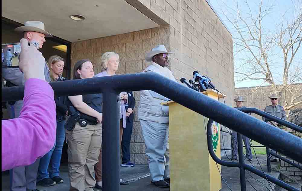 PRESS CONFERENCE HELD - Polk County Criminal District Attorney Shelly Sitton and Polk County Sheriff Byron Lyons take questions from the media during a press conference Tuesday afternoon where it was reported that the body of 11-year-old Audrii Cunningham, missing since 7 a.m. Feb. 15, had been located. Photo by Emily Banks Wooten