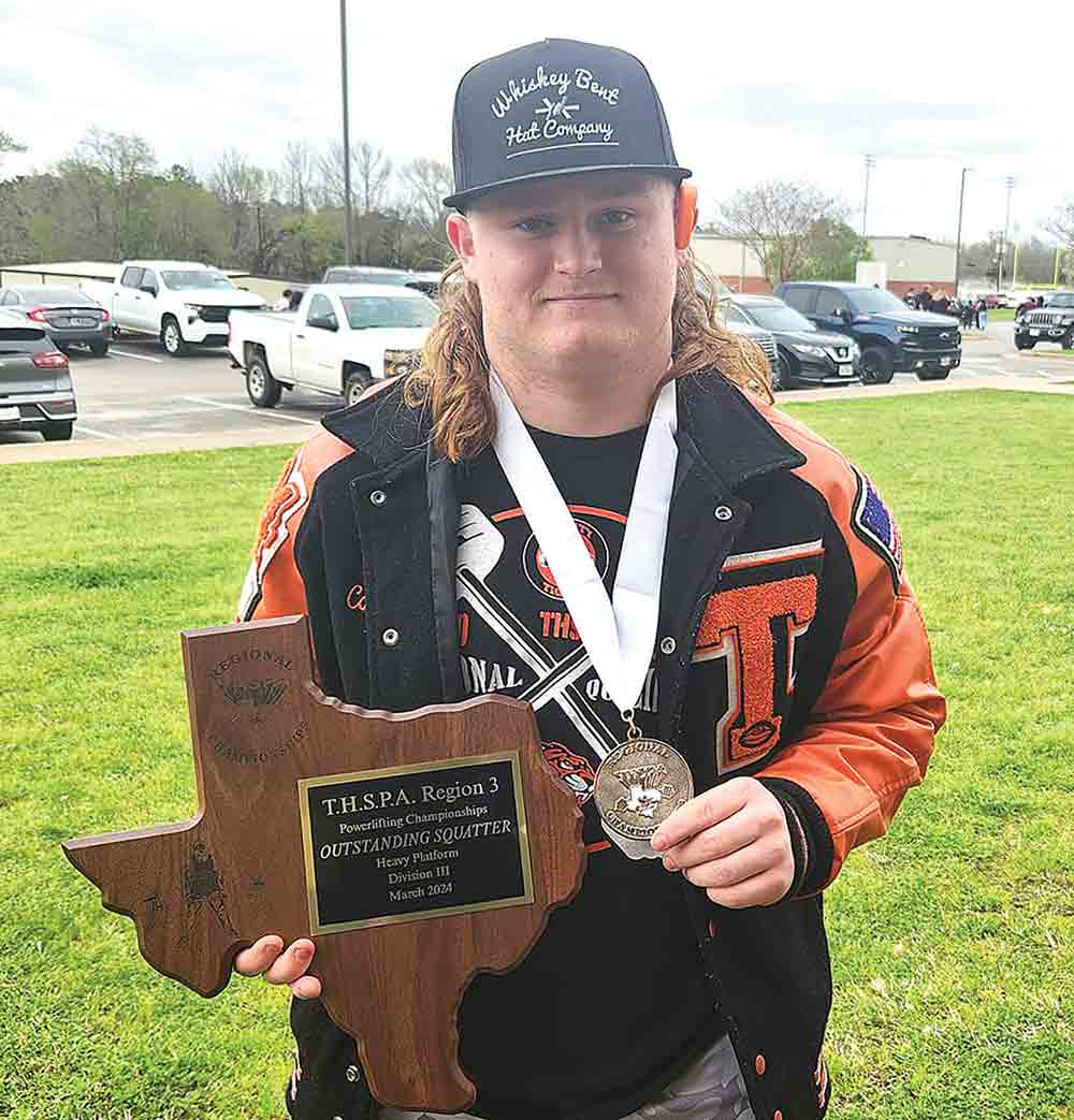 Cole Odom of Trinity placed second in his weight class at the regional meet in Arp on Friday, and will participate in the state meet in Abilene on March 22.  Courtesy photo